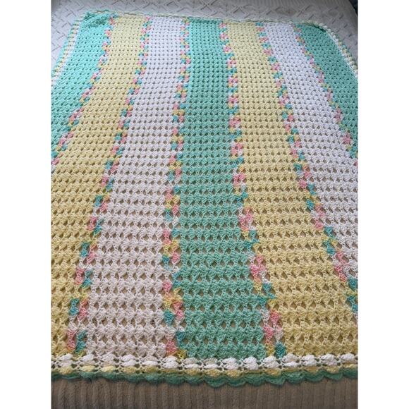 Handmade Pastel Crochet Baby Blanket 42x53, Soft Vintage Style Afghan - Picture 5 of 16